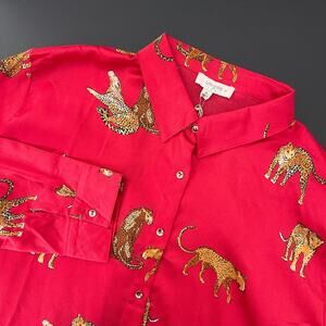 Umgee Satin Top Womens XL Red Animal Print Button Up Stretch Festival Boho NEW